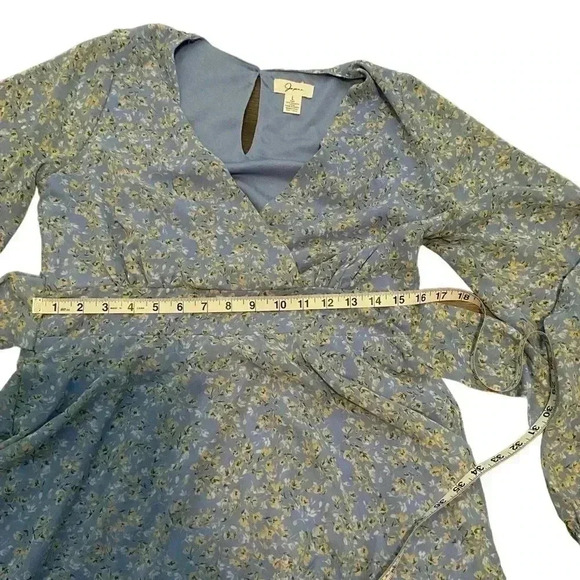 Light Blue with Yellow Floral Japna Long Sleeve Smocked Waist Mini Dress Size L - Picture 12 of 13